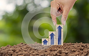 Hand holding wooden cube with arrow icon continually rising on the ground financial