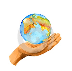 Hand holding world globe. Watercolor concept for Earth day or hour