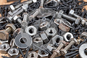 Hand holding the wrench on used nut and bolts for equipment indu