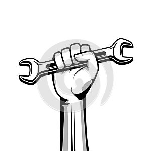 Hand holding wrench vector illustration in black color.