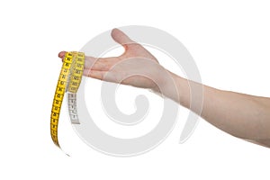 Hand holding a yellow measuring tape, isolated on white background