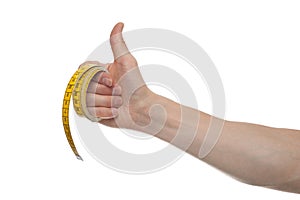 Hand holding a yellow measuring tape, isolated on white background