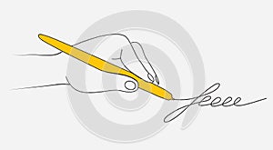 Hand holding a yellow pen. Hand drawn signature. Vector flat linear illustration. Vector illustration of a hand is