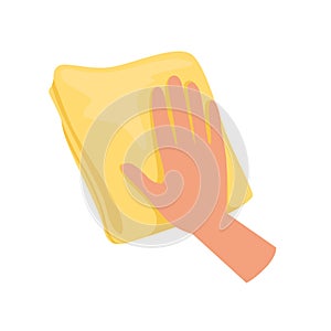 Hand holding yellow rag, human hand with tool for cleaning, housework concept vector Illustration on a white background