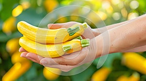 Hand holding yellow squash selection of fresh squashes on blurred background with copy space