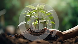 Hand holding young plant on soil with sunlight background. Earth day concept