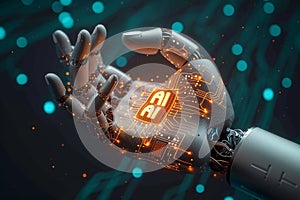 hand holds AI Logo on microchip hologram, 3D AI humanoid