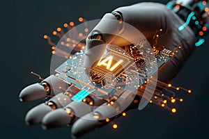 hand holds AI Logo on microchip hologram, 3D AI humanoid