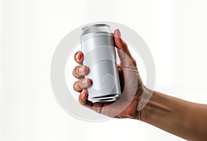 Hand holds aluminum drink. Empty against white background. Close-up view. Person holds beverage container. Image shows hand. photo