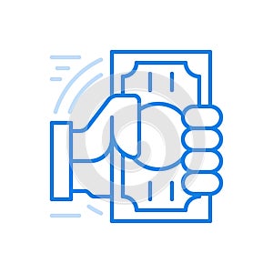 Hand holds banknote vector line icon. Cash to pay for services and purchase.