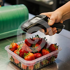 Hand holds barcode scanner above a container of fresh strawberries