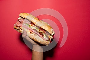 a hand holds a traditional Tamaulipas sandwich with a red background photo