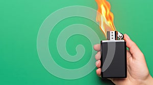 Burning Lighter in Hand Green Background Flame Fire Copy Space