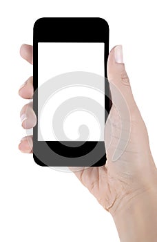Hand holds blank screen mobile phone