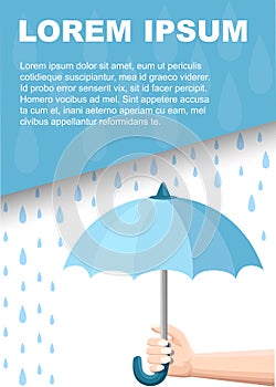 Hand holds blue umbrella on rainy day. Water drops, small rain. Flat vector illustration on white background. Place for text.
