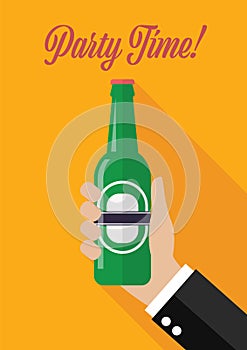 Hand holds a bottle of beer Party time poster