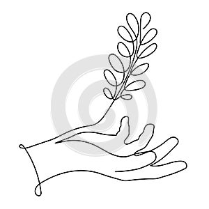 Hand holds branch with leafs,one line art,hand drawn continuous contour.Green energy idea concept.Sign of environmental