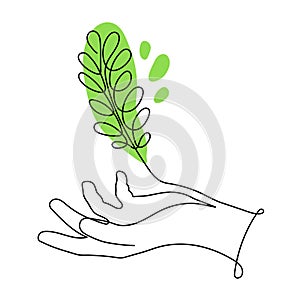 Hand holds branch with leafs,one line art,hand drawn continuous contour.Green energy idea concept.Sign of environmental