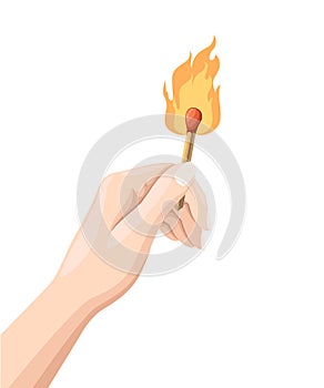 Hand holds a burning match stick. Match with fire. Flat design style. Vector illustration isolated on white background