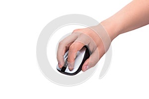 Hand holds computer mouse isolated on white background