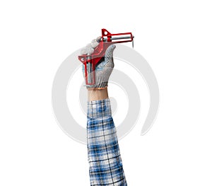 hand holds a construction tool - angular clamp for wood working