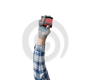 hand holds a construction tool laser level
