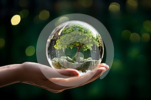 Hand holds crystal globe with a tree, Earth Day concept