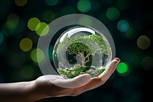 Hand holds crystal globe with a tree, Earth Day concept