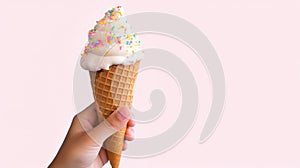 Hand holds delicious vanilla ice cream cone on a pink background with copy space. Generative AI