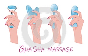 The hand holds different tools for Gua sha facial massage.