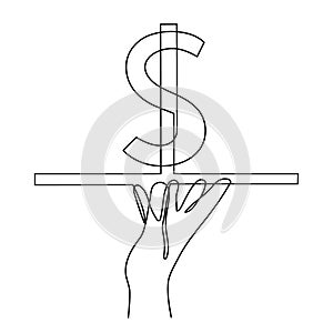 Hand holds dollar sign on tray,one line art,continuous contour drawing, hand-drawn line icon for business.Financial valuta sign, photo