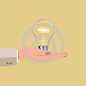 A hand holds an electric light bulb. Thinking, good idea and creative business success concept. Vector.
