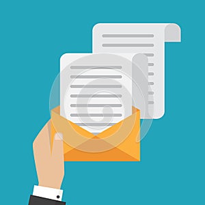Hand holds envelope. Email and incoming messages concept. Vector