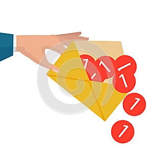 Hand holds envelope. Email and incoming messages concept. Vector