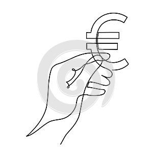 Hand holds euro sign,one line art,continuous contour drawing, hand-drawn line icon for business,minimalist design.Financial valuta photo