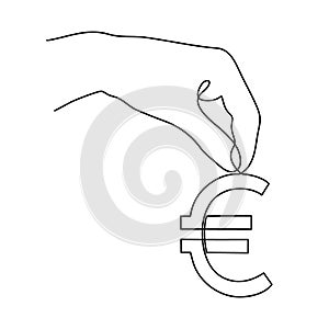 Hand holds euro sign,one line art,continuous contour drawing, hand-drawn line icon for business,minimalist design.Financial valuta