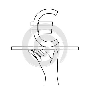 Hand holds euro sign on tray,one line art,continuous contour drawing, hand-drawn line icon for business.Financial valuta sign, photo