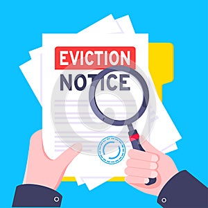 Hand holds eviction notice legal document on the clipboard with stamp, paper sheets and a pen vector illustration.