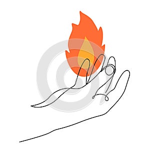 Hand holds fire flame one line art, hand drawn burning balefire. Glowing bonfire continuous contour. Minimalistic art drawing.