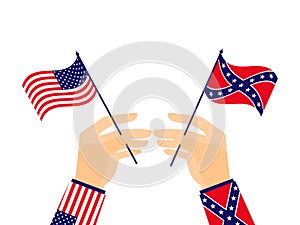 Hand holds the flag of the United States of America and the Confederates. Vector