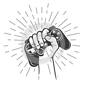 Hand holds gamepad, oldschool videogame joystick, gamer squeeze in hand game controller