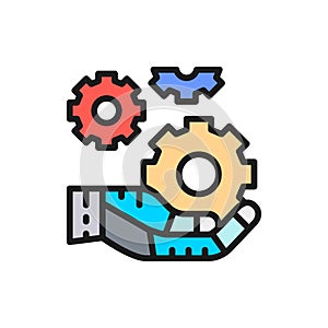 Hand holds a gears, tech development, engineering, technology color line icon.