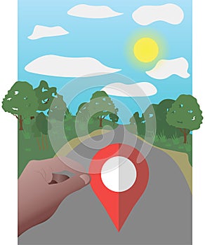 The hand holds the geolocation icon, above the road, and motivates to indicate your coordinates