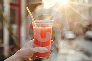 Hand holds a glass of freshly squeezed juice and a straw