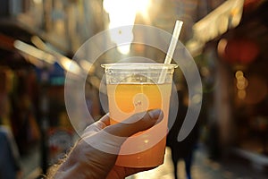 Hand holds a glass of freshly squeezed juice and a straw