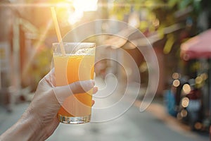 Hand holds a glass of freshly squeezed juice and a straw