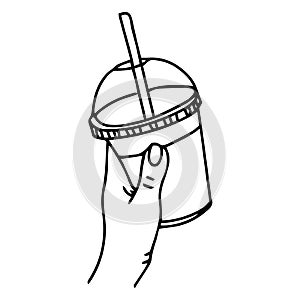 Hand holds a glass with milkshake, coffee, lemonade. Isolated vector illustration on white background doodle hand with glass.