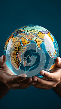 Hand holds a globe in a front view, offering room for text