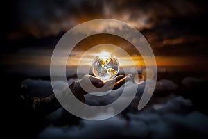 A hand holds a glowing Earth above clouds during sunset, symbolizing connection, care, and environmental consciousness, ai