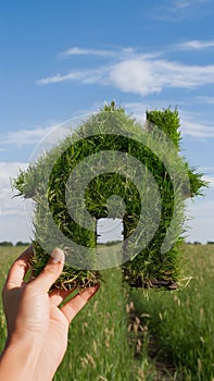 Hand holds grass house in vast field, clear sky  connection to nature, rural serenity.